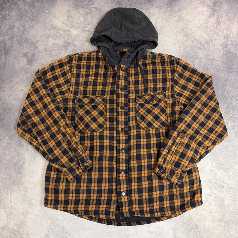 Hawke & Co Flannel Shirt Jacket Mens Large Orange Plaid Sherpa Lined Hooded